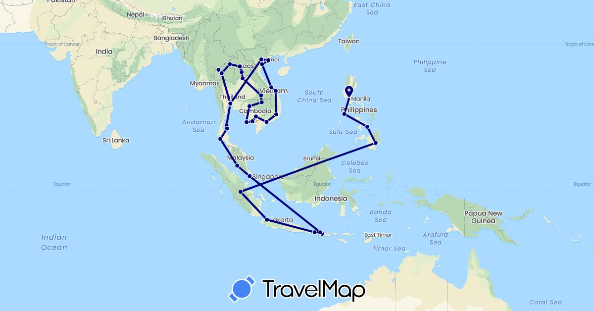 TravelMap itinerary: driving in Indonesia, Cambodia, Laos, Malaysia, Philippines, Singapore, Thailand, Vietnam (Asia)